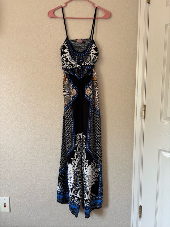 Flying Tomato Pants - Flying Tomato blue, black, and white baroque-style print jumpsuit romper size S